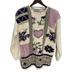 𝅺vintage 90's Patchwork Handknit Beige Chunky Knit Cozy Sweater Size M